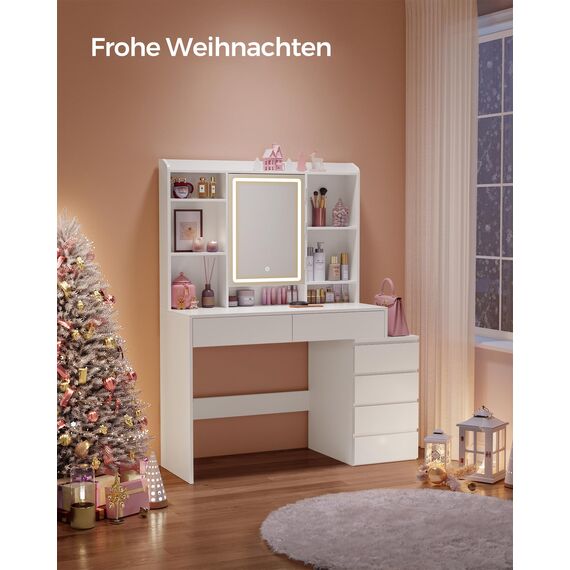 VASAGLE Schminktisch mit LED-Beleuchtung, Hocker, einstellbare Helligkeit, Frisiertisch mit Spiegel, Kosmetiktisch mit Schubladen, offenen Fächern, verstellbaren Ablagen, modern, wolkenweiß