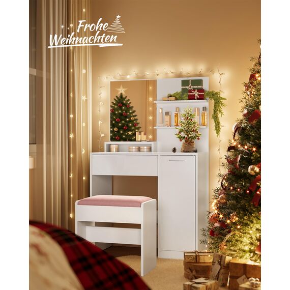 VASAGLE Kailyn Kollektion - Schminktisch mit Hocker, Frisiertisch mit Spiegel, Kosmetiktisch, Schublade und offene Ablagen, Schrank mit 2 verstellbaren Ablagen, weiß RDT719W01
