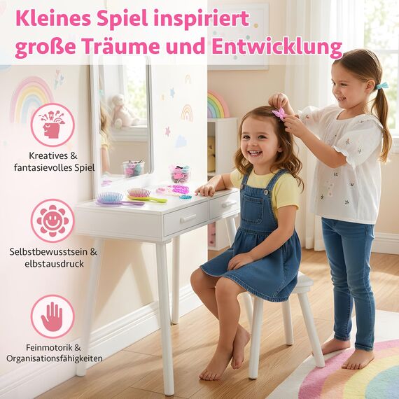 Green series Kinder Schminktisch ab 3 Jahren mit Spiegel & Hocker – Kinderschminktisch aus Holz für Mädchen, Frisiertisch mit Schubladen & Stickern, Geschenk für Kinderzimmer