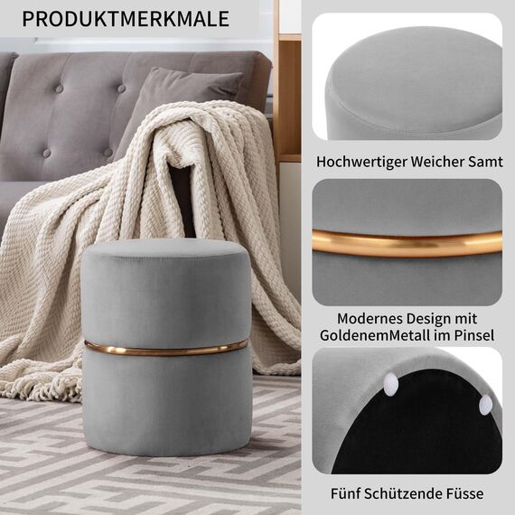 Duhome Sitzhocker Rund, Schminkhocker Samt Gepolsterter Polsterhocker Schminktisch Hocker Ottoman für Wohnzimmer Schlafzimmer Kinderzimmer, Grau