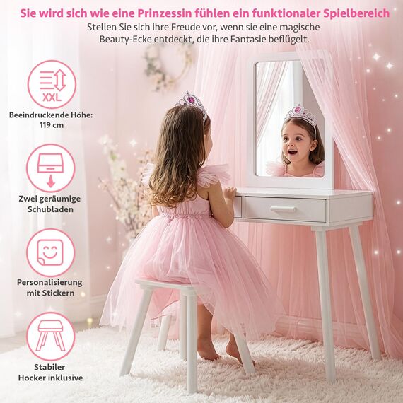 Green series Kinder Schminktisch ab 3 Jahren mit Spiegel & Hocker – Kinderschminktisch aus Holz für Mädchen, Frisiertisch mit Schubladen & Stickern, Geschenk für Kinderzimmer