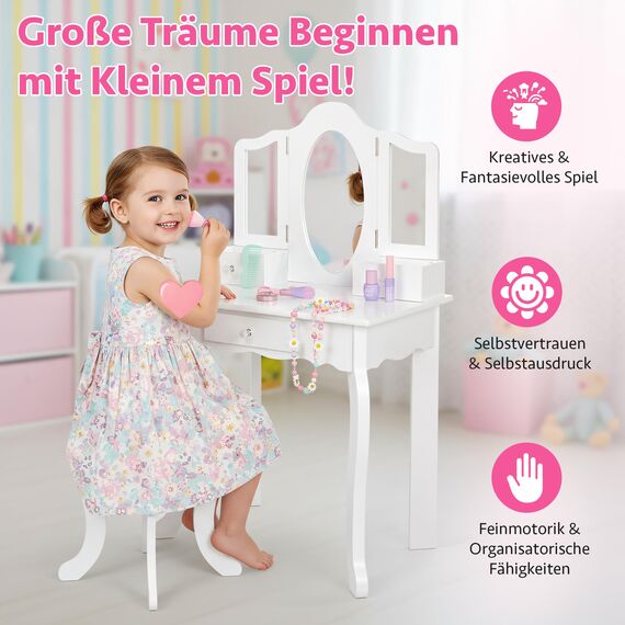 Green series Kinderplay Kids Vanity Table with Mirror – Sturdy Wooden Dressing Table – for Girls’ Bedroom & Pretend Play – White Finish