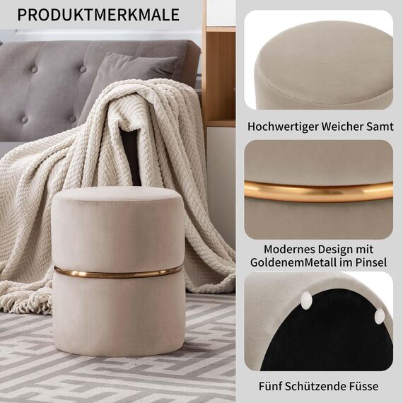 Duhome Sitzhocker Rund, Schminkhocker Samt Gepolsterter Polsterhocker Schminktisch Hocker Ottoman für Wohnzimmer Schlafzimmer Kinderzimmer, Cappuccino