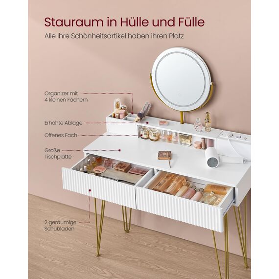 VASAGLE Schminktisch mit Hocker und Beleuchtung, Steckdosenleiste, Spiegel, Frisiertisch, 40 x 100 x 134,8 cm, Kosmetiktisch mit Schubladen, gepolsterter Sitzhocker, mattweiß-blassgold RVT619W01
