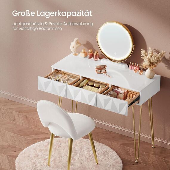 EUGAD Schminktisch mit Spiegel und Hocker, LED Beleuchtung, Samtstuhl, Frisiertisch mit 3 Schubladen, Modern Design, Einfache Montage, Weiß Hochglanz, Goldene Metallbeine, 100 cm Breite, 0054SZT