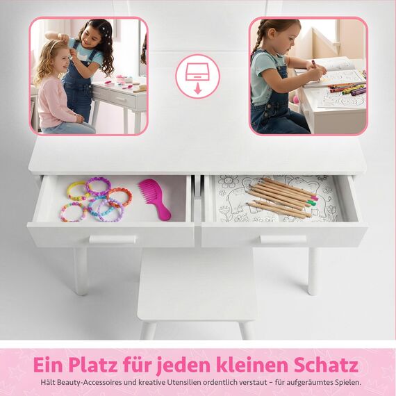 Green series Kinder Schminktisch ab 3 Jahren mit Spiegel & Hocker – Kinderschminktisch aus Holz für Mädchen, Frisiertisch mit Schubladen & Stickern, Geschenk für Kinderzimmer