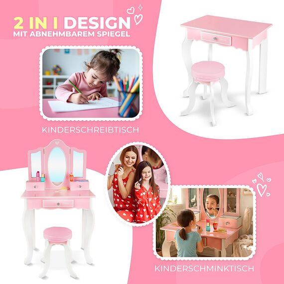 Kinderplay Green Schminktisch für Kinder 60 x 39 x 105,5 cm – Sicherer Plexiglas-Spiegel & Stabiler Hocker – Für Rollenspiele im Kinderzimmer – Rosa Frisiertisch mit Zubehör
