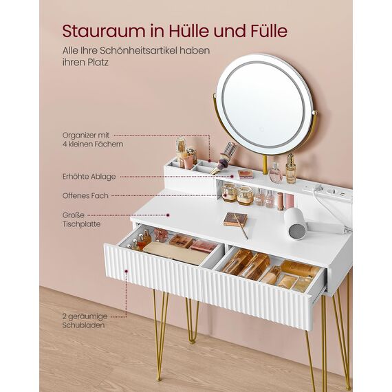 VASAGLE Schminktisch mit Hocker und Beleuchtung, Steckdosenleiste, Spiegel, Frisiertisch, 40 x 80 x 134,8 cm, Kosmetiktisch mit Schubladen, gepolsterter Sitzhocker, mattweiß-blassgold RVT019W01