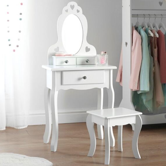 Runesol Weiß Schminktisch mit Spiegel und Hocker für Kinder (3-7 Jahre), Hocker Schminktisch Mädchen, Kindertisch Schminktische, Frisierkommode Holz mit 3 Fächern, Kristallknöpfen
