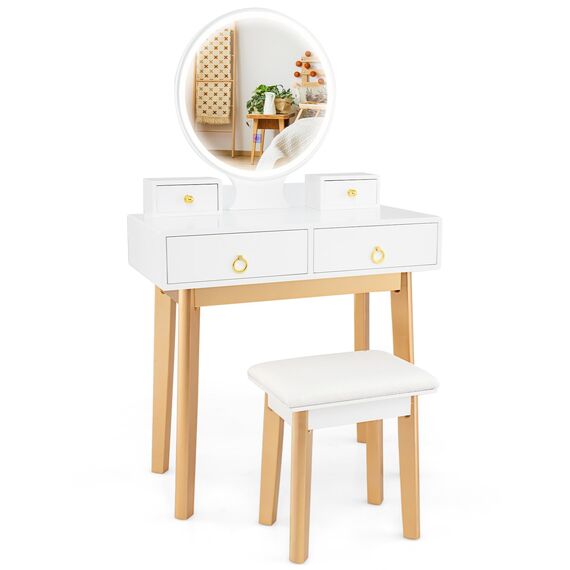 CHARMAID Kosmetik-Set mit dimmbarem Touchscreen, 3 Farb-Beleuchtungsmodi, Schminktisch mit 4 verschiebbaren Schubladen, moderner Schlafzimmer-Make-up-Tisch und gepolsterter Hocker, Set für Damen und