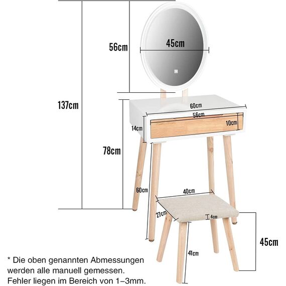 YU YUSING Schminktisch mit Beleuchtung,Frisiertisch mit LED Spiegel Schubladen, Kosmetiktisch mit gepolstertem Hocker,Kommode Make-up Tisch,Modern