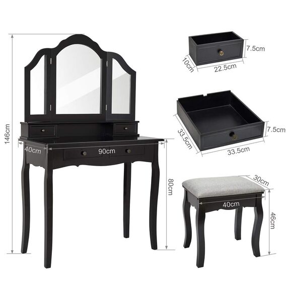 Meerveil Schminktisch mit Hocker, mit 3-teiliger Klappspiegel 4 Schubladen und Stuhl, 90 x 40 x 146 cm MDF Holz Schwarz Frisiertisch für Schlaffzimmer H1071DT02BK