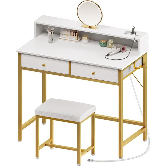 Seventable Schminktisch mit Hocker, 2 Stoffschubladen und Steckdosen, moderner Make-up-Schminktisch mit Werkzeughaken für Schlafzimmer, Schreibtisch für kleine Räume, Gold & Weiß (kein Spiegel)