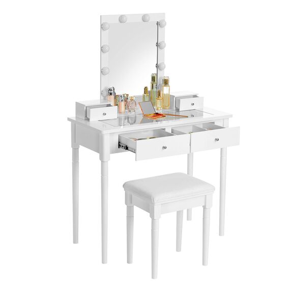 VASAGLE Schminktisch, Frisiertisch-Set, gepolsterter Hocker und 10 dimmbare Glühbirnen, 2 große und 2 kleine Schubladen, transparente Tischplatte aus Hartglas, Geschenkidee, weiß RDT172W01