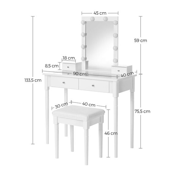 VASAGLE Schminktisch, Frisiertisch-Set, gepolsterter Hocker und 10 dimmbare Glühbirnen, 2 große und 2 kleine Schubladen, transparente Tischplatte aus Hartglas, Geschenkidee, weiß RDT172W01