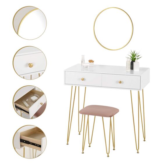 eSituro Schminktisch mit Hocker Spiegel, Kosmetiktisch mit 2 Schubladen für Schlafzimmer, Frisiertisch Schreibtisch aus MDF und Massivholz, 80x40x79cm, Kinderleichte Montage, Weiß+Golden, SDT0047