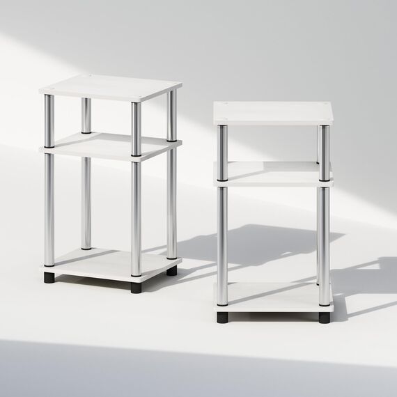 Furinno Just 3-stufiger Turn-N-Tube-Nachttisch mit offenem Stauraum, 2er-Pack, Weiße Eiche/Edelstahl