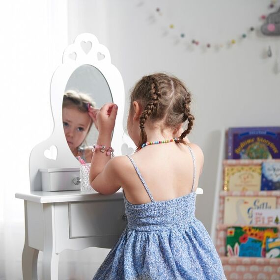 Runesol Weiß Schminktisch mit Spiegel und Hocker für Kinder (3-7 Jahre), Hocker Schminktisch Mädchen, Kindertisch Schminktische, Frisierkommode Holz mit 3 Fächern, Kristallknöpfen