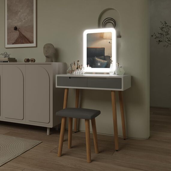 YU YUSING Schminktisch mit Beleuchtung,Frisiertisch mit Spiegel Schubladen,Kosmetiktisch mit gepolstertem Hocker, Kommode Make-up Tisch, Tisch für Frau, Modern