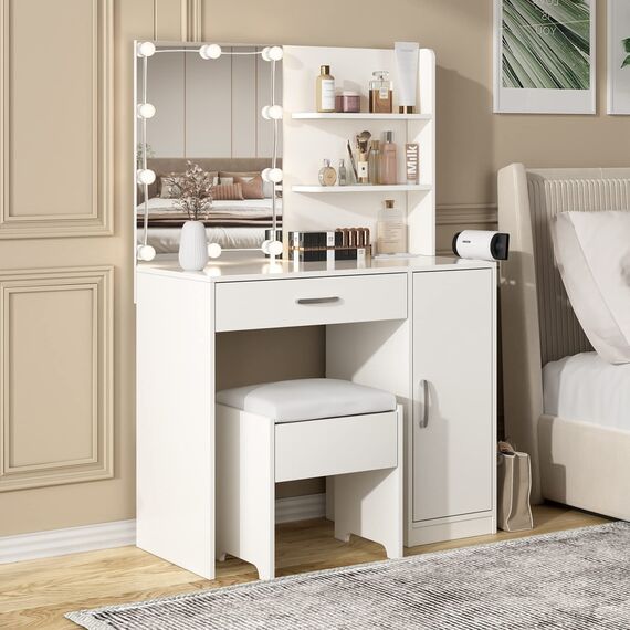 Make-up-Schreibtisch mit beleuchtetem Spiegel und Steckdosenleiste, Make-up-Schminktisch mit Lichtern und Haartrockner-Gestell, 3 Beleuchtungsmodi, 88,9 cm große Schubladen, Schminktisch, Weiß