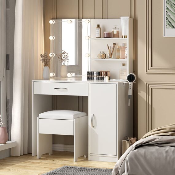 Make-up-Schreibtisch mit beleuchtetem Spiegel und Steckdosenleiste, Make-up-Schminktisch mit Lichtern und Haartrockner-Gestell, 3 Beleuchtungsmodi, 88,9 cm große Schubladen, Schminktisch, Weiß