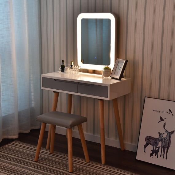 YU YUSING Schminktisch mit Beleuchtung,Frisiertisch mit Spiegel Schubladen,Kosmetiktisch mit gepolstertem Hocker, Kommode Make-up Tisch, Tisch für Frau, Modern