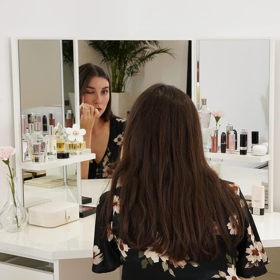 TUKAILAI Schminktisch Weiß mit Hocker und Spiegel Geschwungener Eckschminktisch Kosmetiktisch Frisierkommode mit 5 Schubladen, 3 Spiegel Frisiertisch Schminkspiegel Make-up-Tisch für Schlafzimmer