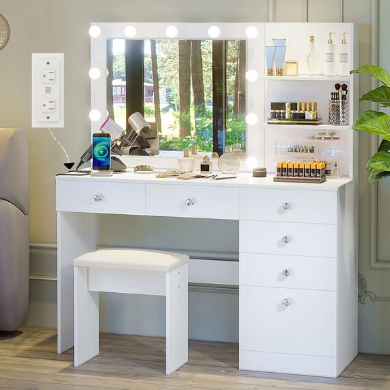 VOWNER Schminktisch mit Lichtern – 119,4 cm Make-up-Schreibtisch mit Steckdose, Aufbewahrungsregalen und 6 Schubladen, 3 Farb-Beleuchtungsmodi mit einstellbarer Helligkeit, Make-up-Schreibtisch mit