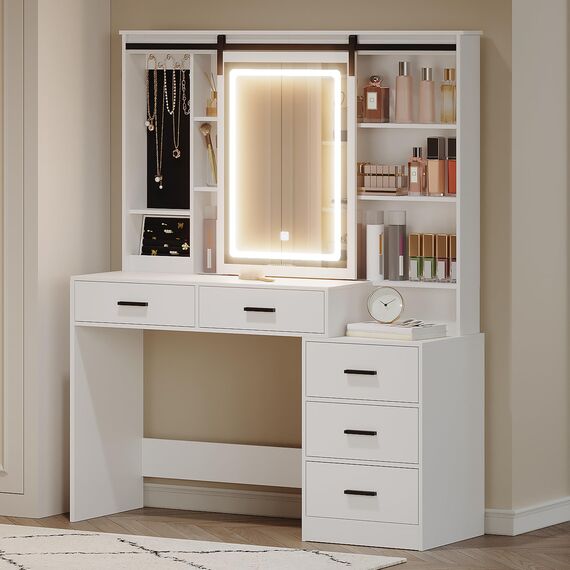 Hzuaneri Schminktisch mit Verstellbarer LED-Beleuchtung, Abnehmbarer Großer Spiegel, mit Schmuckaufbewahrung, Offene Regale, 5 Schubladen, mit Beistelltisch, für Schlafzimmer, Weiß DT33103X