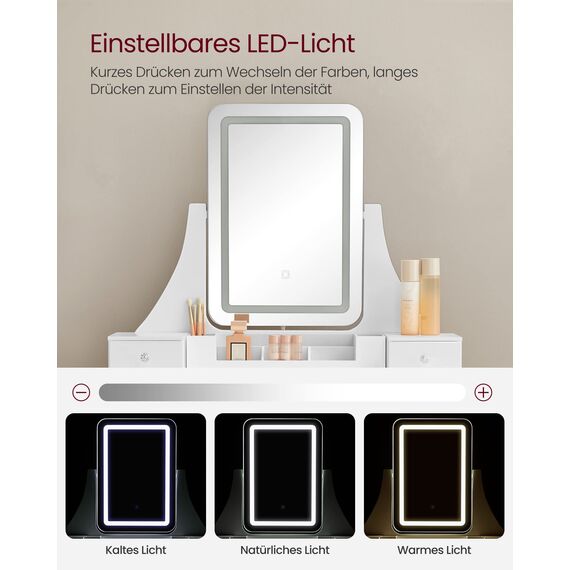 VASAGLE Schminktisch mit LED-Beleuchtung in 3 Farben, Frisiertisch mit 360° drehbarem Spiegel, Kosmetiktisch mit gepolstertem Hocker, 5 Schubladen, abnehmbarem Make-up-Organizer, weiß RDT25WL
