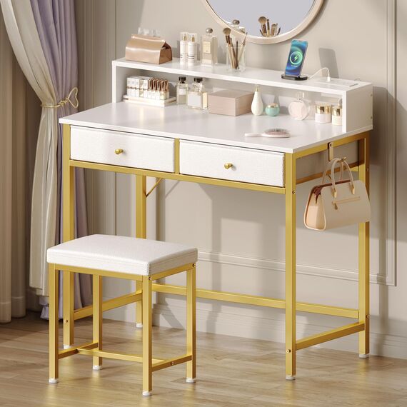 Seventable Schminktisch mit Hocker, 2 Stoffschubladen und Steckdosen, moderner Make-up-Schminktisch mit Werkzeughaken für Schlafzimmer, Schreibtisch für kleine Räume, Gold & Weiß (kein Spiegel)