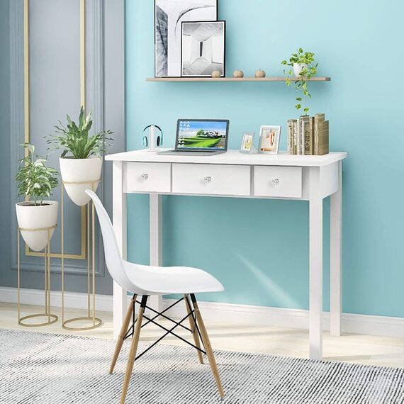 STHOUYN Home Office Kleine Schreibtisch mit Drawers Schlafzimmer, Studietisch für Erwachsene/Student, Vanity Make-up Dressing Tisch Speichern Raum Gifts Weiß (weiß)