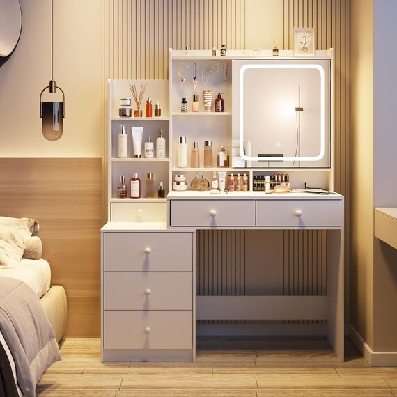 Vabches Schminktisch mit Spiegel und Lichtern, Make-up-Schminktisch mit 6 Schubladen und Regalen, Schminktisch mit Steckdose, Make-up-Schreibtisch mit LED-beleuchtetem Spiegel in 3 Farben, für Schlafzimmer, Weiß