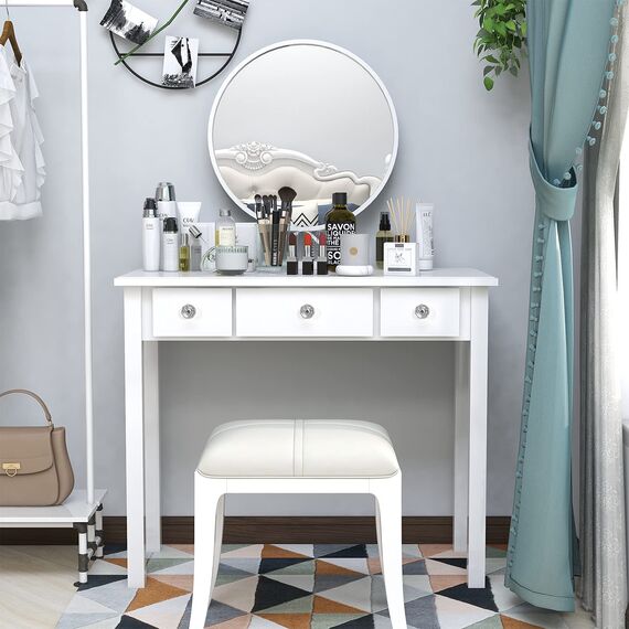 STHOUYN Home Office Kleine Schreibtisch mit Drawers Schlafzimmer, Studietisch für Erwachsene/Student, Vanity Make-up Dressing Tisch Speichern Raum Gifts Weiß (weiß)