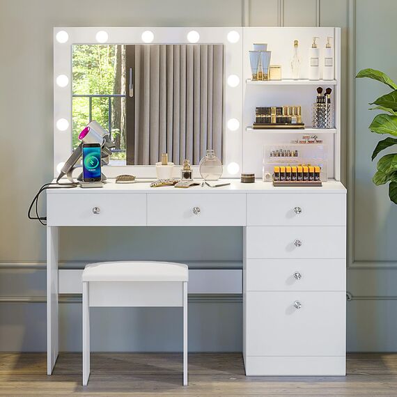 VOWNER Schminktisch mit Lichtern – 119,4 cm Make-up-Schreibtisch mit Steckdose, Aufbewahrungsregalen und 6 Schubladen, 3 Farb-Beleuchtungsmodi mit einstellbarer Helligkeit, Make-up-Schreibtisch mit