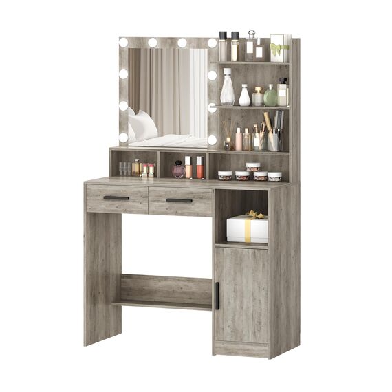 Hzuaneri Schminktisch mit Spiegel und 10 LED-Beleuchtung, Einstellbare Helligkeit, Schminkkommode mit 2 Schublade & 1 Schrank, 3 Ablagen & 4 offenen Fächern, Greige DT32505X