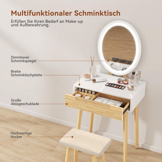 YU YUSING Schminktisch mit Beleuchtung,Frisiertisch mit LED Spiegel Schubladen, Kosmetiktisch mit gepolstertem Hocker,Kommode Make-up Tisch,Modern