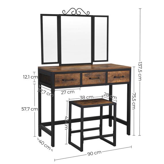 VASAGLE Schminktisch, Frisiertisch, Kosmetiktisch mit 3-teiligem Klappspiegel und 3 Schubladen, Stahlgestell, mit Hocker, Industrie-Design, vintagebraun-schwarz RVT02BX