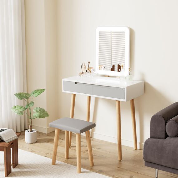 YU YUSING Schminktisch mit Beleuchtung,Frisiertisch mit Spiegel Schubladen,Kosmetiktisch mit gepolstertem Hocker, Kommode Make-up Tisch, Tisch für Frau, Modern