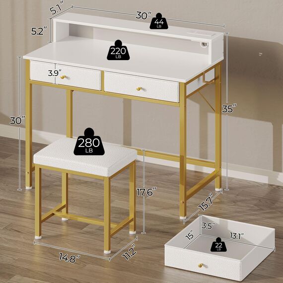 Seventable Schminktisch mit Hocker, 2 Stoffschubladen und Steckdosen, moderner Make-up-Schminktisch mit Werkzeughaken für Schlafzimmer, Schreibtisch für kleine Räume, Gold & Weiß (kein Spiegel)
