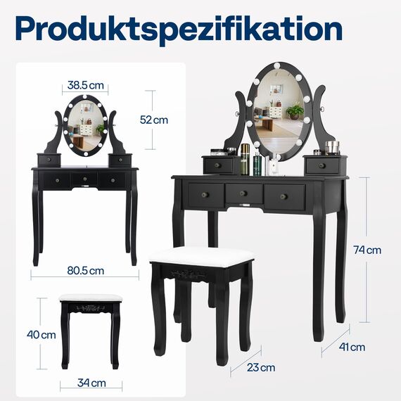 VIVOHOME Schminktisch-Set mit 10 LED-Leuchten Schminktisch mit 360° drehbarem beleuchtetem Spiegel und gepolstertem Hocker