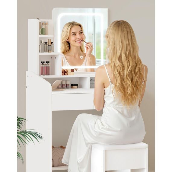 LIVELYGLOW Kleiner Schminktisch Set mit quadratischem Spiegel und Licht, Schminktisch mit Schublade, Weiß