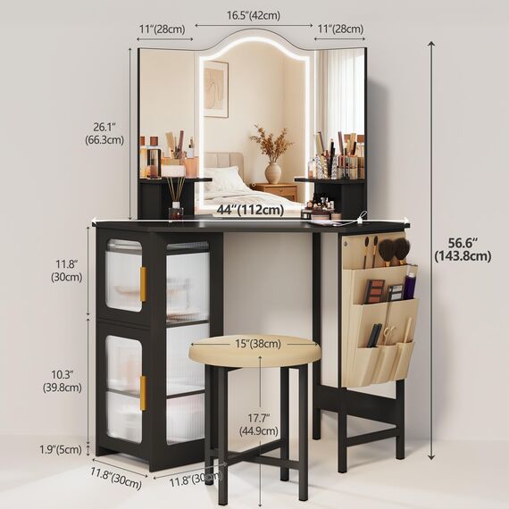 LVSOMT Eck-Schminktisch mit Spiegel und Lichtern, Schminktisch mit Ladestation, Schminktisch mit 3 Beleuchtungsoptionen, Schminktisch mit Hocker, Damenwaschtisch für Schlafzimmer, Schwarz