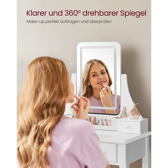 VASAGLE Schminktisch mit LED-Beleuchtung in 3 Farben, Frisiertisch mit 360° drehbarem Spiegel, Kosmetiktisch mit gepolstertem Hocker, 5 Schubladen, abnehmbarem Make-up-Organizer, weiß RDT25WL