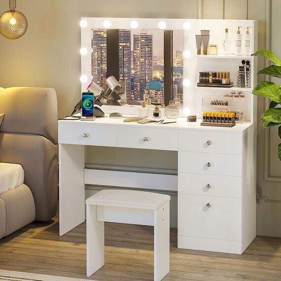VOWNER Schminktisch mit Lichtern – 119,4 cm Make-up-Schreibtisch mit Steckdose, Aufbewahrungsregalen und 6 Schubladen, 3 Farb-Beleuchtungsmodi mit einstellbarer Helligkeit, Make-up-Schreibtisch mit