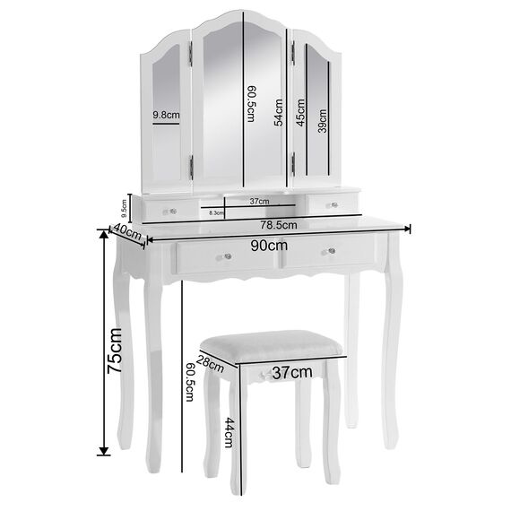 WOLTU Schminktisch mit Hocker, Kosmetiktisch mit 3 Spiegel und 4 Schubladen, Frisiertisch aus MDF und massives Kiefernholz, 90 x 145 x 40cm(B x H x T), Weiß