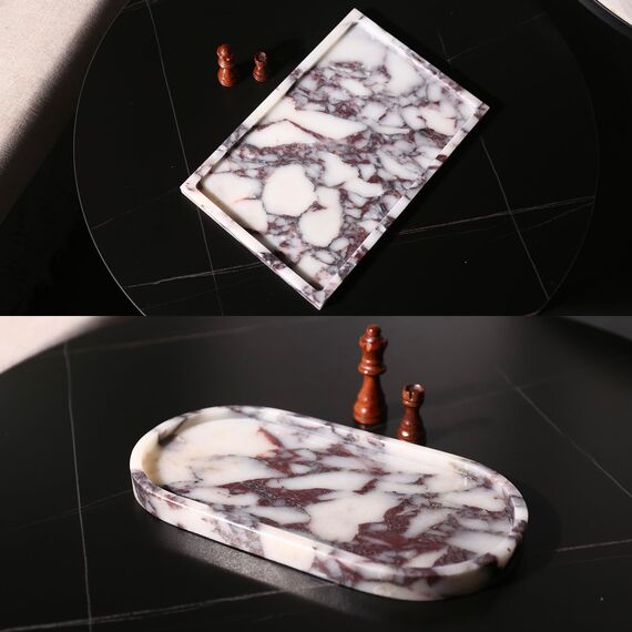 Echtes, luxuriöses Tablett aus natürlichem Marmor, Aufbewahrungstablett aus echtem Marmor, für Heimdekoration, Steintablett für Badezimmer/Küche/Schminktisch/Kommode, nicht-harz/nicht-keramisch/Viola