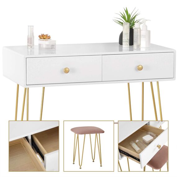 eSituro Schminktisch mit Hocker Spiegel, Kosmetiktisch mit 2 Schubladen für Schlafzimmer, Frisiertisch Schreibtisch aus MDF und Massivholz, 80x40x79cm, Kinderleichte Montage, Weiß+Golden, SDT0047
