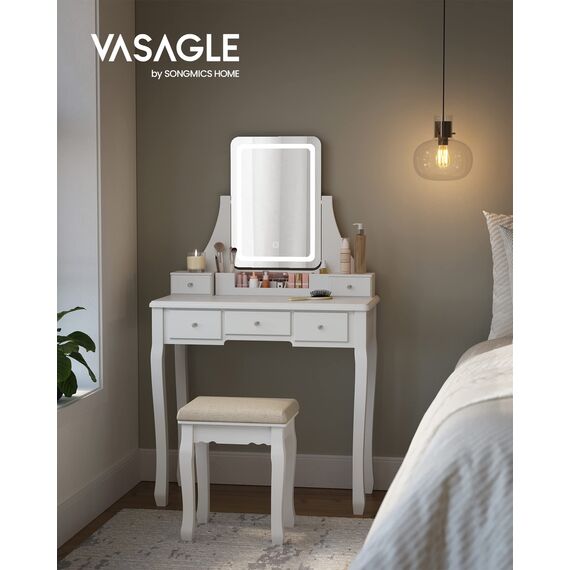 VASAGLE Schminktisch mit LED-Beleuchtung in 3 Farben, Frisiertisch mit 360° drehbarem Spiegel, Kosmetiktisch mit gepolstertem Hocker, 5 Schubladen, abnehmbarem Make-up-Organizer, weiß RDT25WL