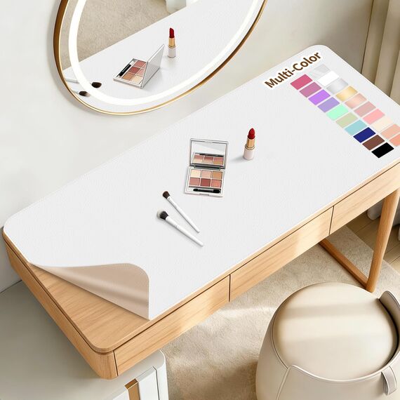 Make-up-Matte für Schminktisch zum Schutz der Schreibtischplatte, 80 x 40 cm, doppelseitige Make-up-Matte, leicht zu reinigende Schreibtischunterlage – wasserdicht und öldicht, Kosmetikzubehör (Weiß